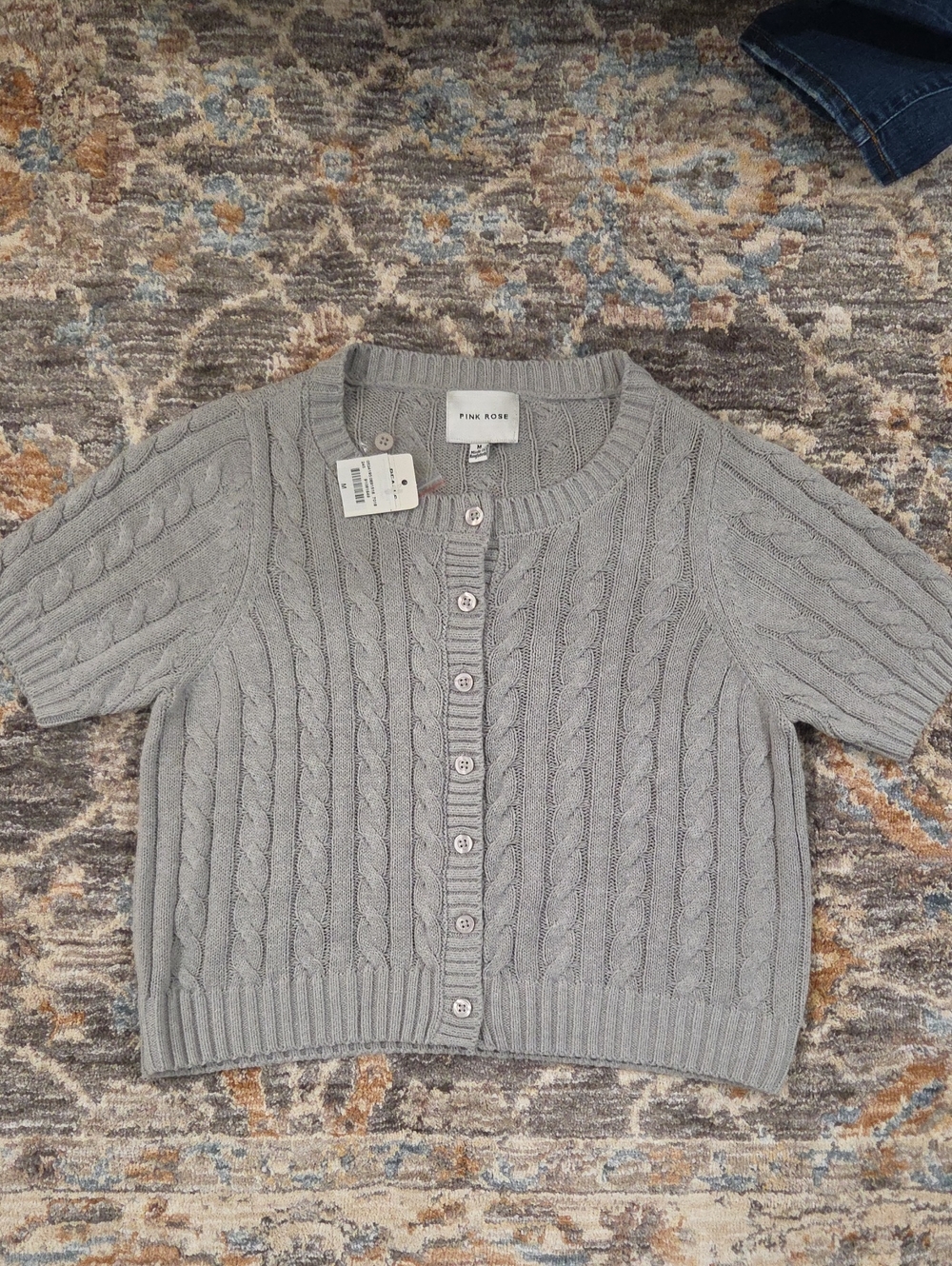 Pink Rose Short-Sleeve Cable Knit Cardigan - Light Gray